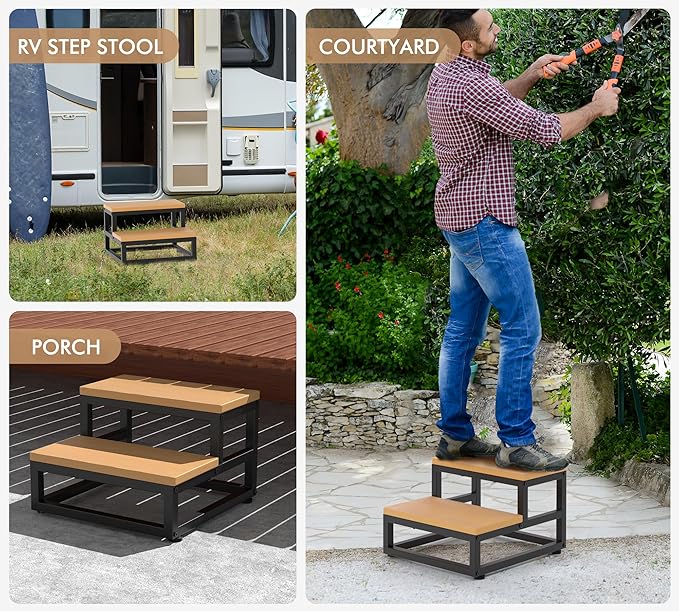Y&M Two Step Stool for Adults Kids, Waterproof HPDE Bed Step Foot Stool with Adjustable Non-Slip Feet, Metal Frame Stepping for Kitchen Bathroom Bedroom Living Room, Indoor or Outdoor Use, Brown