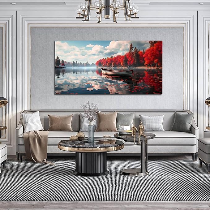 Large Wall Art for Living Room Bedroom Office Red Forest Wall Art Lake Landscape Pictures Modern Artwork Framed Canvas Prints 24x48 Inch