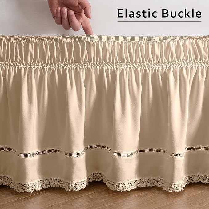MIYE Wrap Around Ruffled Lace Bed Skirt, Elastic Dust Ruffle with Adjustable Belts, Easy to Put On, Bed Frame Cover, Machine Washable (Floral Lace/Beige, King/Queen-12.5" Drop)