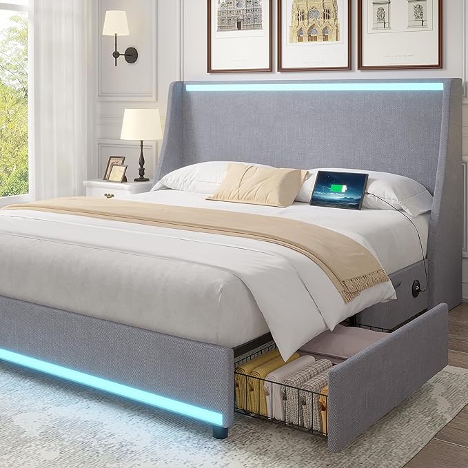 VECELO Full Size Bed Frame with Storage Drawers, Upholstered Platform Bedframe with Wingback Headboard, No Box Spring Needed, Classic Grey