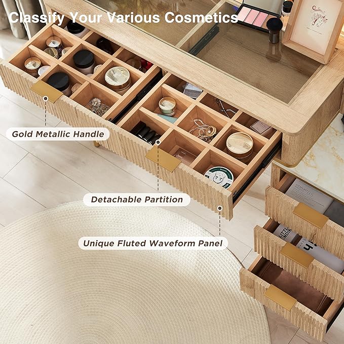 T4TREAM Fluted Makeup Vanity Desk with 36" HD Lighted Mirror, 48" Big Modern Vanity Desk with Mirror and Lights, Dressing Table with 5 Drawers & Shelves, Glass Top for Bedroom (Natural Oak)