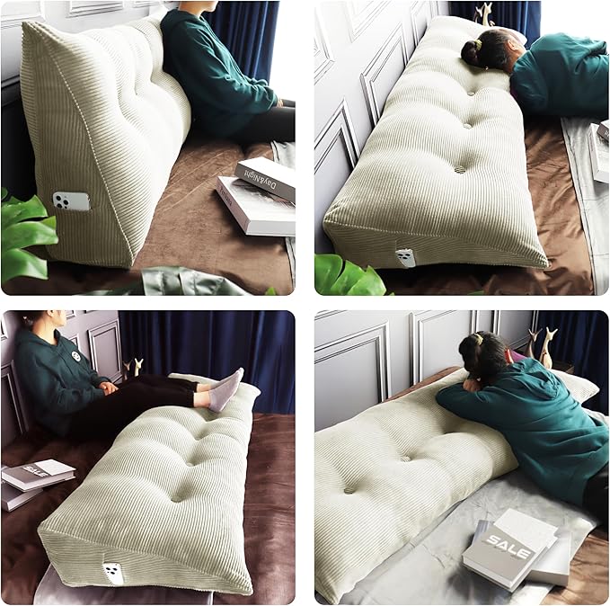 WOWMAX 100% Cotton Corduroy Headboard Pillow – California King Size Back Support Reading Wedge for Bed & Daybed, Plush Handmade Bolster Cushion with Removable Cover, Cozy Bed Rest Pillow, White