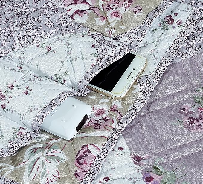 Brilliant Sunshine Lilac Rose Patchwork Couch Armrest 5 Pockets Organizer, Slip Resistant Recliner Armchair Caddy, Washable Remote Controls Holder, Storage for Magazine, Tablet, Phone, iPad, Lilac
