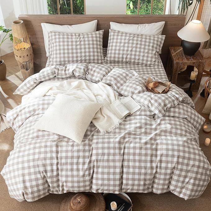 MooMee Gingham Duvet Cover Set 100% Washed Cotton Linen Like Textured Breathable Durable Soft Comfy Modern Checkered Design (Buffalo Plaid Tannish Linen Grey, Full 80"x90")