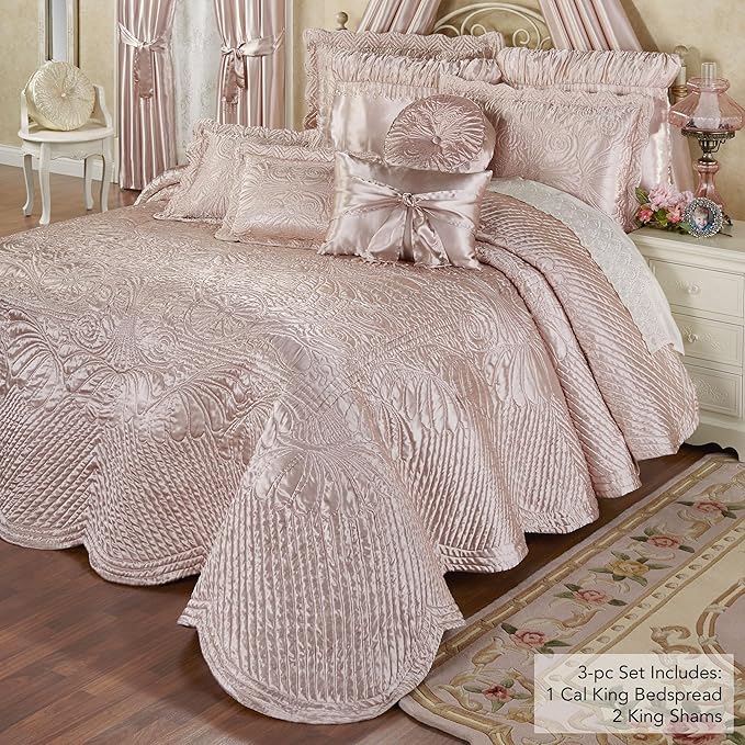 Touch of Class Portia Luxury Bedding | Posh Rose Quartz | Premier Quilted Polyester Satin | Hand Guided Machine Quilted Scroll Design 3 Piece Set: Cal King Oversized Bedspread and 2 King Shams