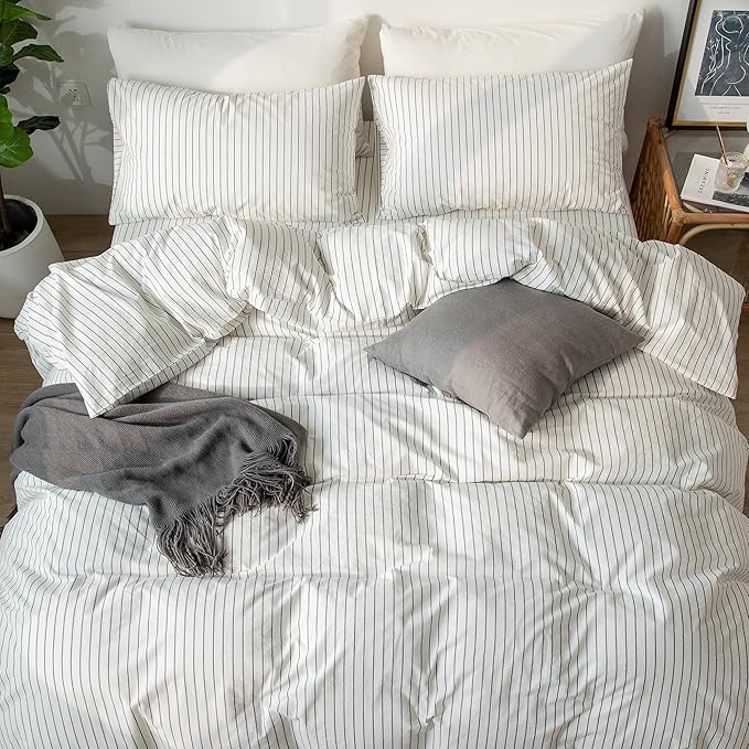 MooMee Striped Duvet Cover Set 100% Washed Cotton Linen Like Textured Breathable Durable Soft Comfy (White Dark Grey Wide Stripes, Super King 108"x98")