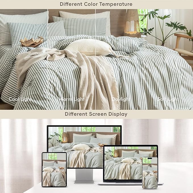 MooMee Striped Duvet Cover Set 100% Washed Cotton Linen Like Textured Breathable Durable Soft Comfy (Heathered Green Classic Stripes, Super King Plus 120"x120")