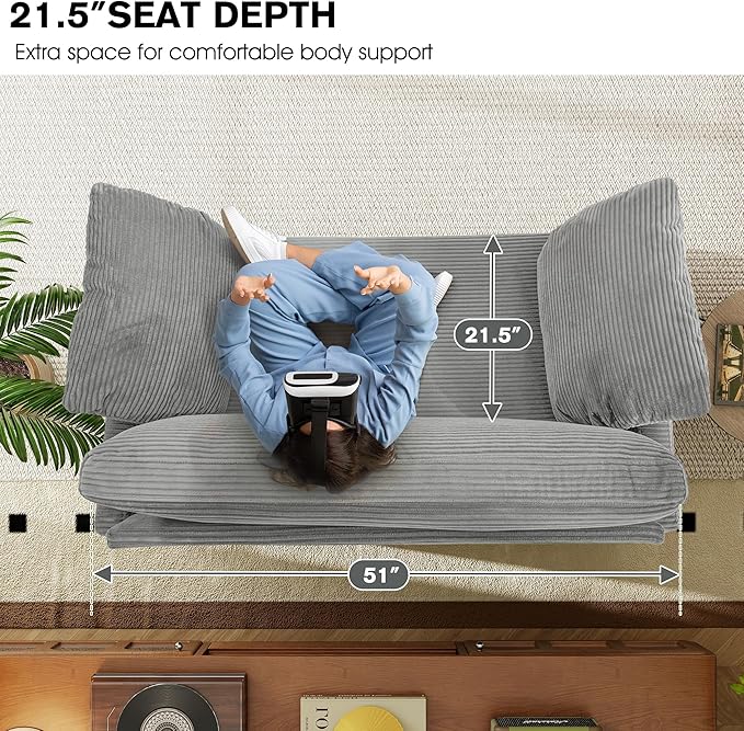 51" Loveseat Sleeper Sofa Bed, Corduroy Convertible Floor Sofa Bed for Small Spaces, Folding Couch Bed with Deep Seat, 2 Pillows & Solid Frame, Pull Out Floor Couch for Living Room, Grey
