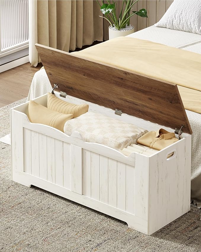 Hzuaneri 43.3" Storage Chest, Extra Large Storage Bench Trunk with 2 Hinges, Wooden Box, Lift-Top Chest Organizer, Shoe Bench for Entryway, Bedroom, Living Room, White and Brown SB25514X