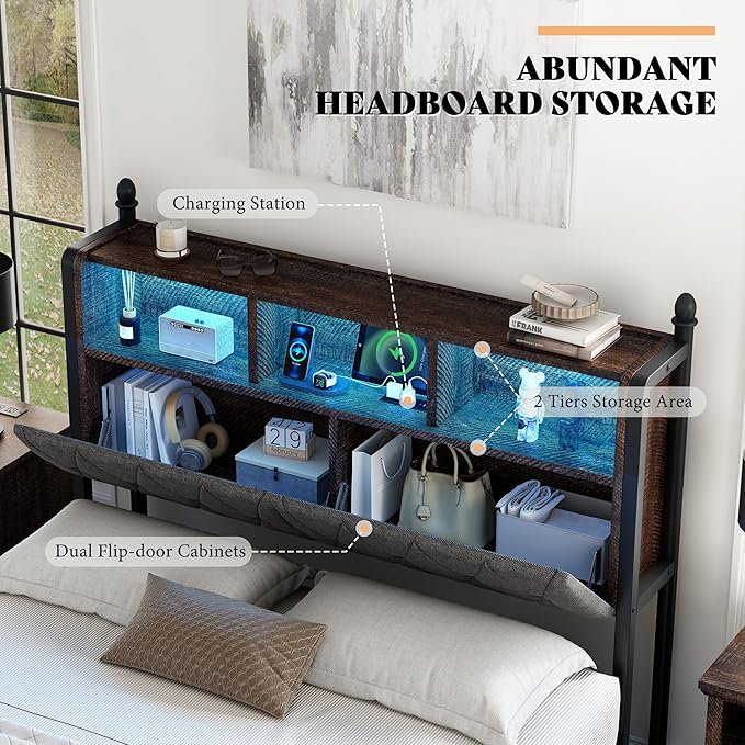 AMERLIFE Queen Size Bed Frame with Bookcase Headboard, 4 Storage Drawers, Wooden Platform Bed with Charging Station & LED Light, No Box Spring Needed, Noise-Free, Rustic Brown