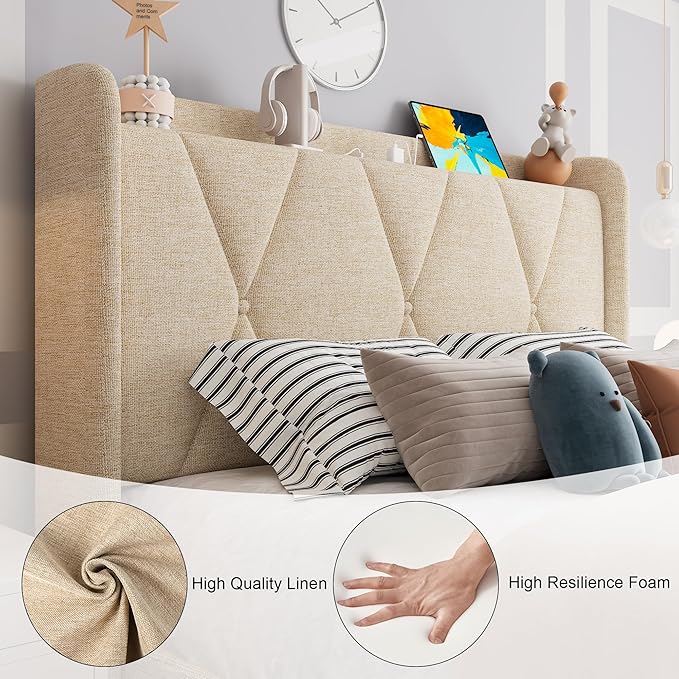 Feonase Twin Bed Frame with 3 Storage Drawers, Upholstered Platform Bed with Fast Charging Station, Wingback Storage Headboard, Wooden Slats Support, No Box Spring Needed, Easy-Assembly, Beige