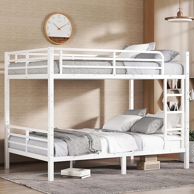 Full XL Bunk Bed Frame, Heavy Duty Metal Loft Bed for Adults/Teens, 350/500LB Capacity w/Ladder & Guardrail, Noise-Free Steel Slats, No Box Spring Required, White