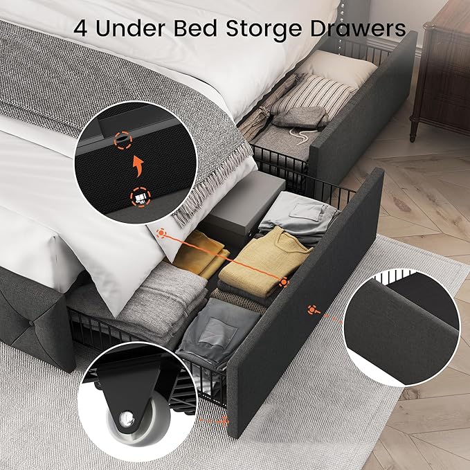 LARMACE King Size Platform Bed Frame with 4 Storage Drawers and Tufted Headboard Linen Upholstered Bed Wingback Bed Frame with Wooden Slats Support, Easy Assembly, Dark Grey