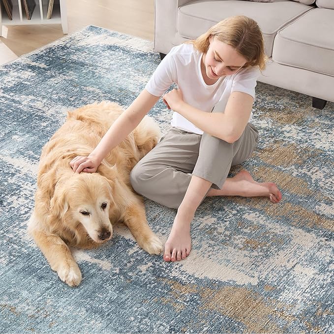 Area Rug Living Room Rugs - 5x7 Washable Soft Indoor Neutral Modern Abstract Low Pile Rug Carpet for Bedroom Dining Room Farmhouse Home Office - Blue Brown
