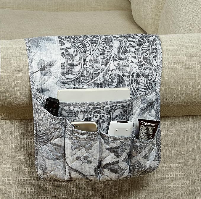 Brilliant Sunshine Grey Flowers Patchwork Couch Armrest 5 Pockets Organizer, Slip Resistant Recliner Armchair Caddy, Washable Remote Controls Holder, Storage for Magazine, Tablet, Phone, iPad, Grey