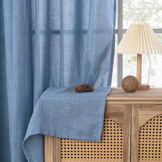 YoungsTex Blue Linen Curtains 63 Inches Long 2 Panels for Window - Textured Short Light Filtering Drapes with Bronze Grommet for Living Room Bedroom Privacy Lightweight, 42 x 63 Inch