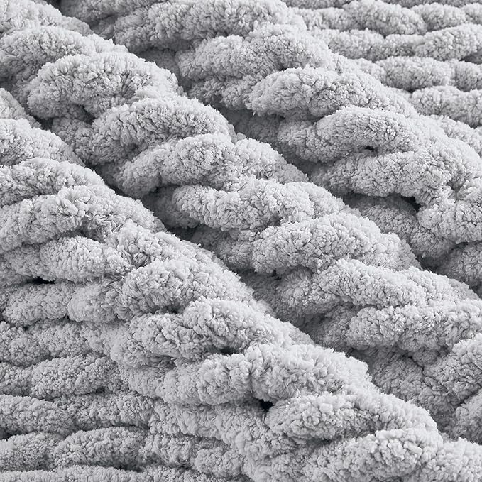 Carriediosa Chunky Knit Throw Blanket 60" X 80" Twin, 100% Hand Made Large Chenille Loop Yarn Soft Fluffy Throws for Couch Sofa Bed, Big Crochet Cozy Heavy Thick Cable Woven Blanket, Grey
