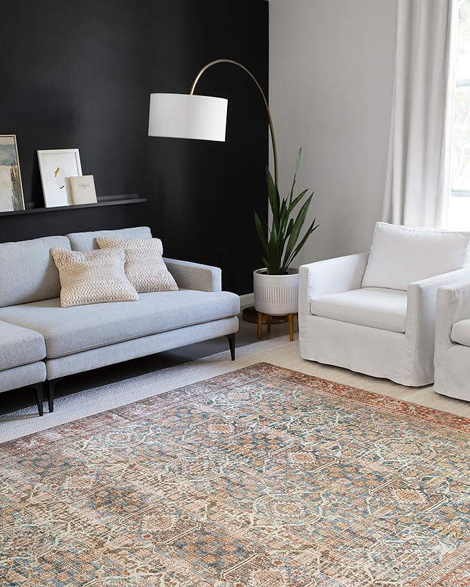 Loloi Layla Collection LAY-04 Ocean/Rust 2'-0" x 5'-0" .13" Thick Accent Rug, Soft, Durable, Vintage Inspired, Distressed, Low Pile, Non-Shedding, Easy Clean, Printed, Living Room Rug