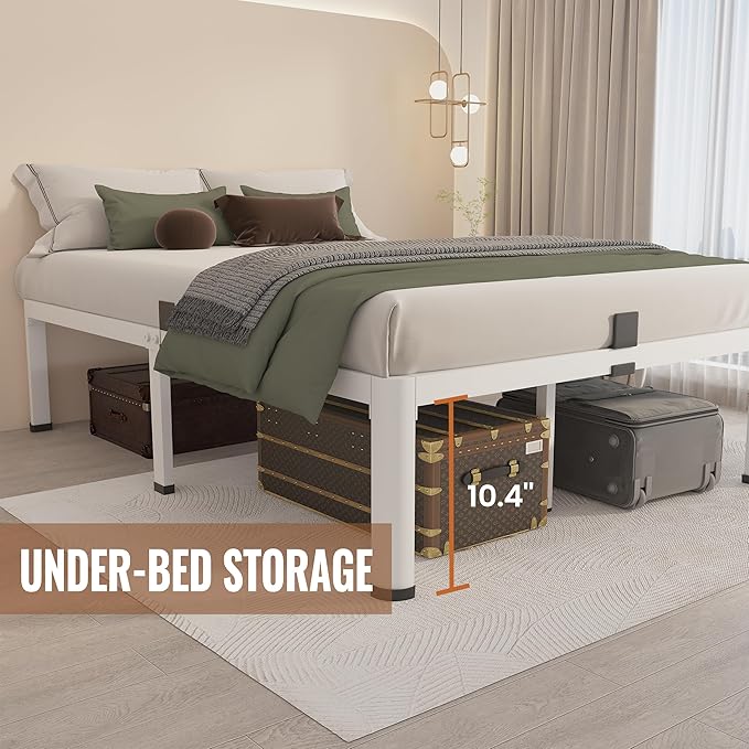 MAF 12 Inch Full Size Metal Platform Bed Frame White with Round Corner Legs, Mattress Slide Stopper, 3000 LBS Heavy Duty Steel Slats Support, Noise Free, No Box Spring Needed, Easy Assembly