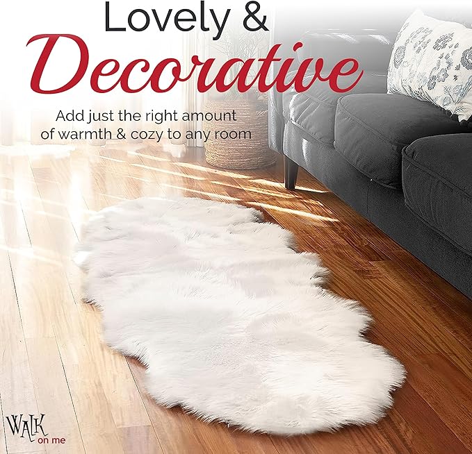 Walk on Me White Double Pelt Faux Fur Sheepskin Rug: Ultra Soft, Super Thick, Fluffy 2x6 Feet, Living Room, Bedroom, Office, Synthetic, Latex, Non-Slip