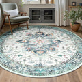 Area Rugs 7ft Washable Non-Slip, Floral Vintage Distress Print Pattern Medallion Carpet for Living Room Bedroom Dining Room, Green Navy Blue White Red Teal Colorful