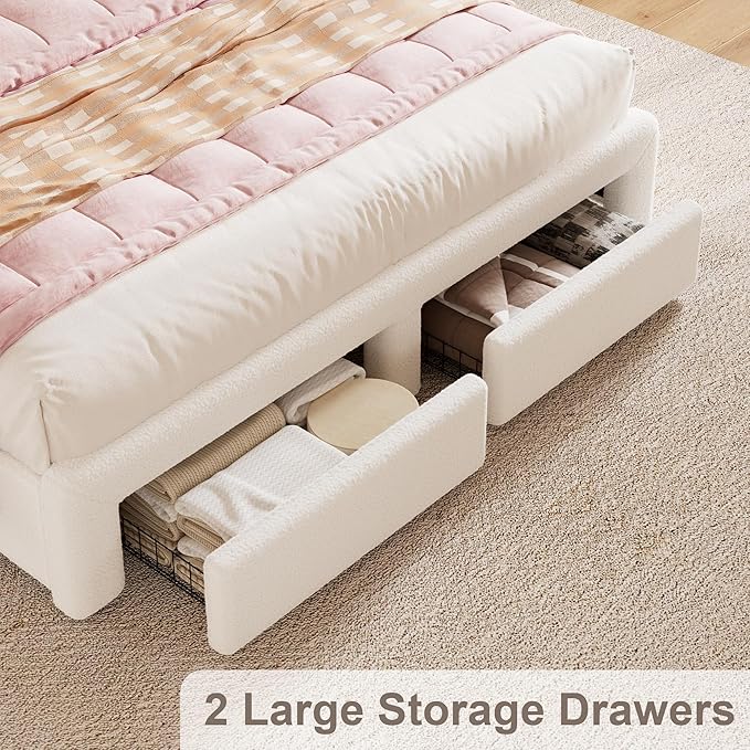 King LED Bed Frame with Storage Headboard & Charging Station, Kids Bed Frames with Bookcase, Teddy Fleece Upholstered Platform Bed Frames with 2 Storage Drawers, Noise Freed, Beige