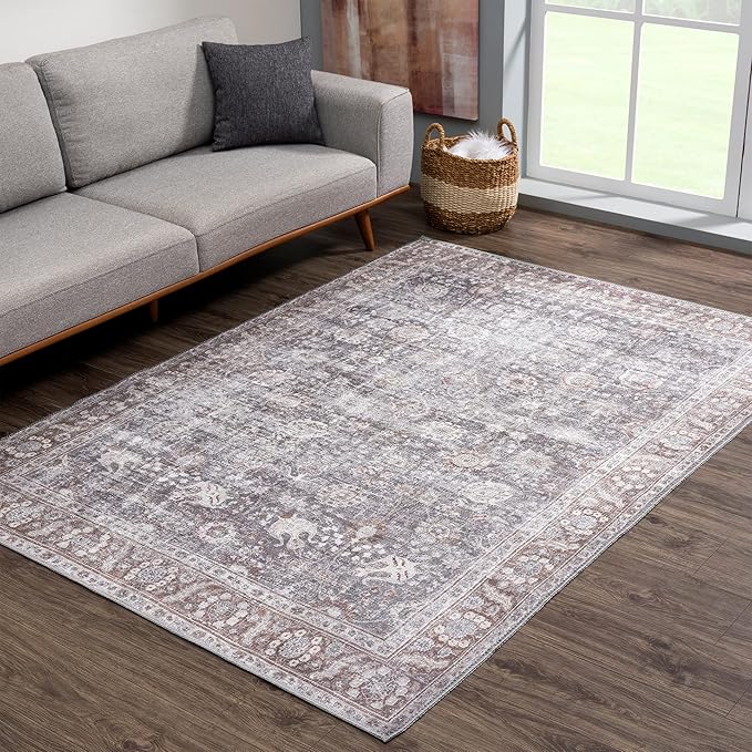 Bloom Rugs Washable 8' x 10' Rug - Brown/Dark Gray Traditional Area Rug for Living Room, Bedroom, Dining Room, and Kitchen - Exact Size: 8' x 10'
