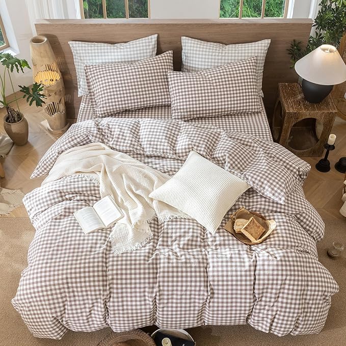 MooMee Gingham Duvet Cover Set 100% Washed Cotton Linen Like Textured Breathable Durable Soft Comfy Modern Checkered Design (Brown Gingham, Queen 90"x90")