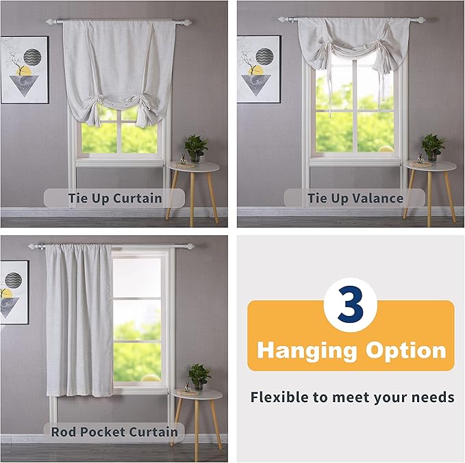 DriftAway Double Layer Linen Blackout Tie Up Curtains Thermal Insulated Fully Lined Balloon Roman Shade Bathroom Window Adjustable Rod Pocket for Small Window 25 Inch by 47 Inch Ivory