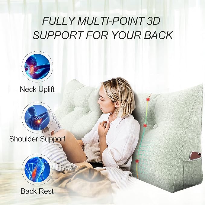 homecozy Wedge Headboard Pillow Dorm Room Reading Pillow Back Support for Sitting Up in Bed Bolster Lumbar Cushion Body Positioning Bedrest Cotton Linen 54in Grey-Beige Full