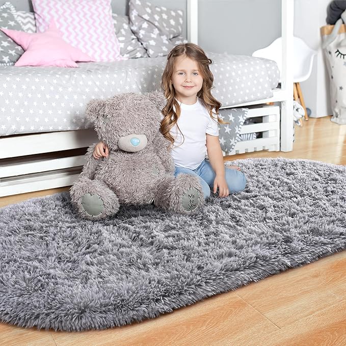 Noahas Fluffy Grey Rugs for Bedroom Living Room,2'X5' Oval Throw Rug for Kids Room,Shag Hallway Runner Rug,Small Soft Shaggy Bedside Non-Slip Plush Nursery Dorm Carpet Home Decor Aesthetic