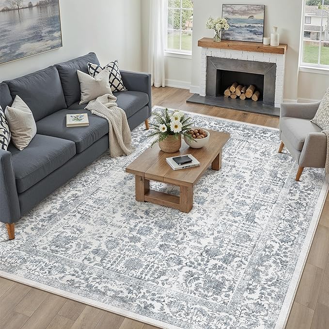 Navy Blue Area Rug 9x12 Machine Washable Large Vintage Living Room Distressed Non Slip Carpet Traditional Indoor Bedroom Retro Floral Accent Throw Rug for Office Kitchen Dining Room