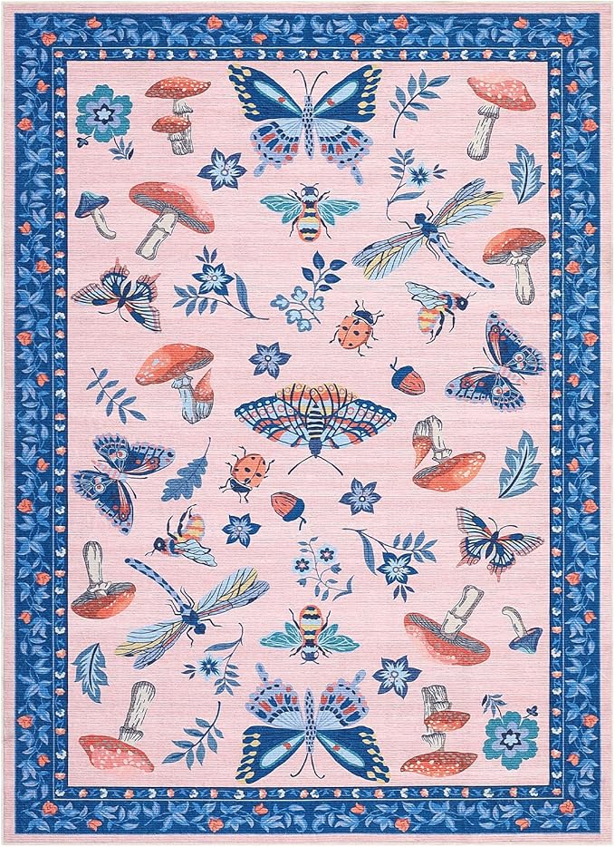 Mushroom Insect Washable Rug 5x7 Area Rugs for Bedroom Non Slip with Rubber Back Low Pile Stain Resistant Modern Butterfly Carpet for Living Room Nursery Kitchen Dining Room Blue Pink