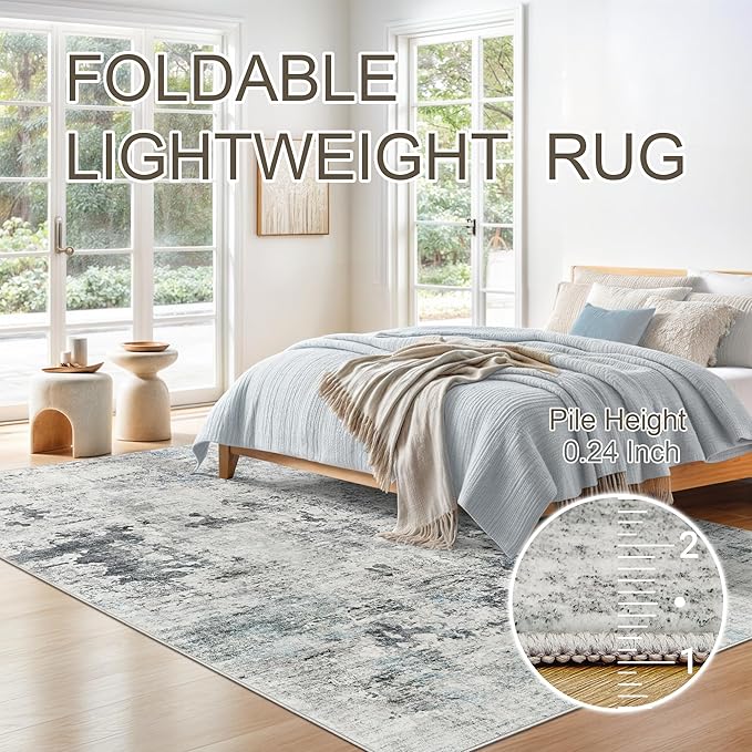 Abstract Rug 8x10 Large Living Room Rugs Neutral Modern Washable Area Rugs for Bedroom Dining Room Non-Slip Stain Resistant Foldable Thin Rug Gray Blue