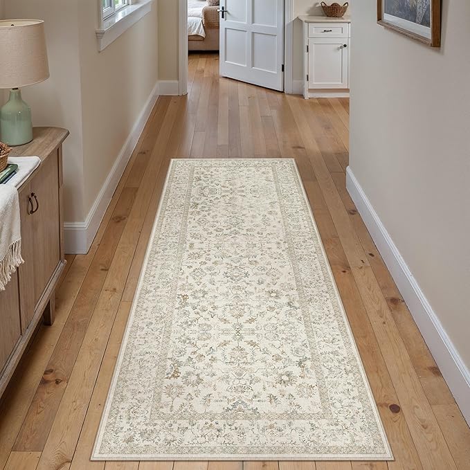 2x6 Taupe Runner Rug Hallway Non Slip Kitchen Vintage Distressed Long Carpet Indoor Machine Washable Retro Floral Bedroom Accent Throw Rug for Office Laundry Bathroom Dining Living Room