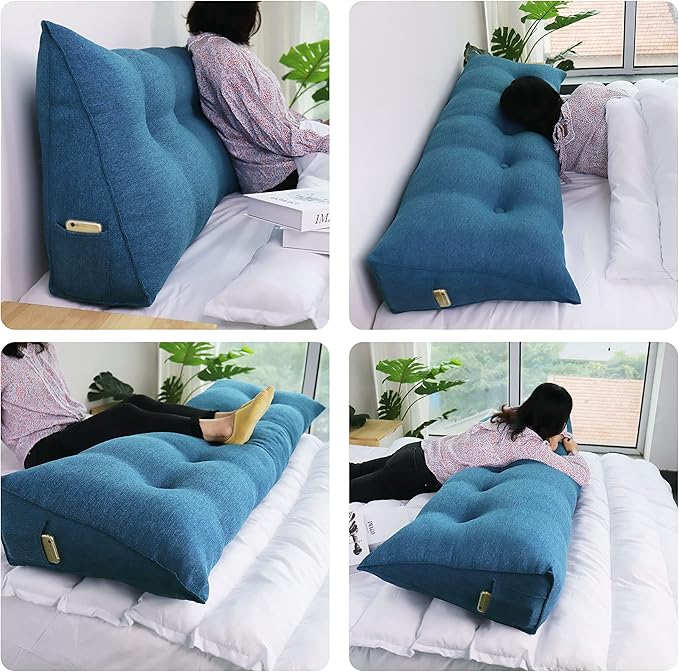 homecozy Wedge Headboard Pillow Dorm Room Reading Pillow Back Support for Sitting Up in Bed Bolster Lumbar Cushion Body Positioning Bedrest Cotton Linen 54in Blue Full