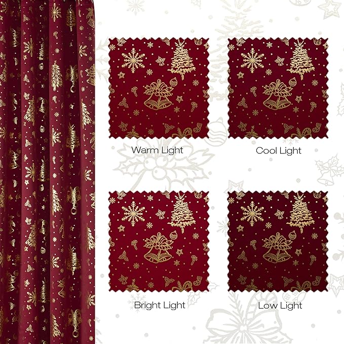 NICETOWN 2 Panels Christmas Red Curtains 52 x 63 Inch - Gold Stamped Grommets Christmas Curtains for Living Room, Bedroom - Holiday Festive Window Drapes - Christmas Decoration