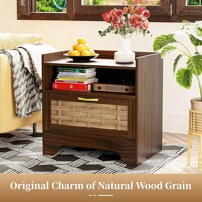 24" Rattan Nightstand with Storage Drawer, Walnut Bedside Table with Semi Open Cubby, Boho Night Stand with Farmhouse Arched Base for Bedroom, Side Table, End Table for Dorm