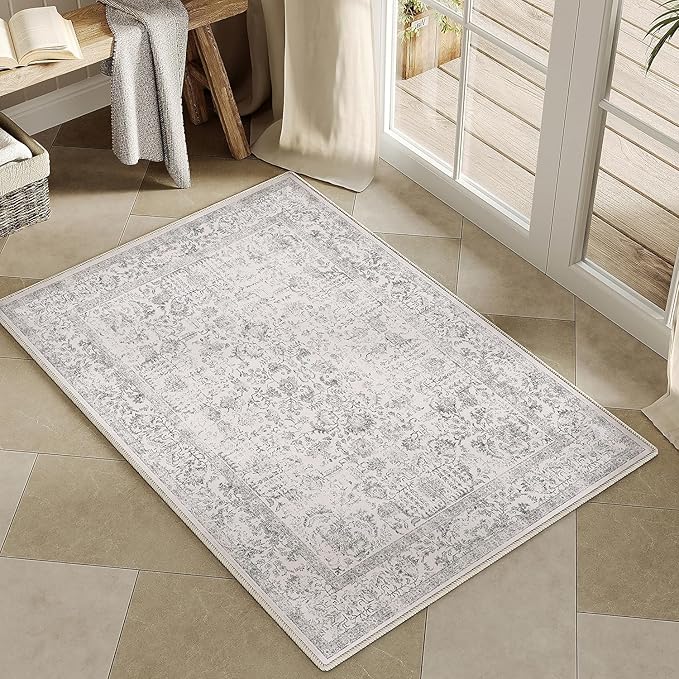 Gray Entryway Area Rug 2x3 Door Mat Machine Washable Kitchen Vintage Distressed Non Slip Carpet Indoor Grey Retro Floral Accent Throw Small Rug for Bathroom Office Bedroom Dining Living Room