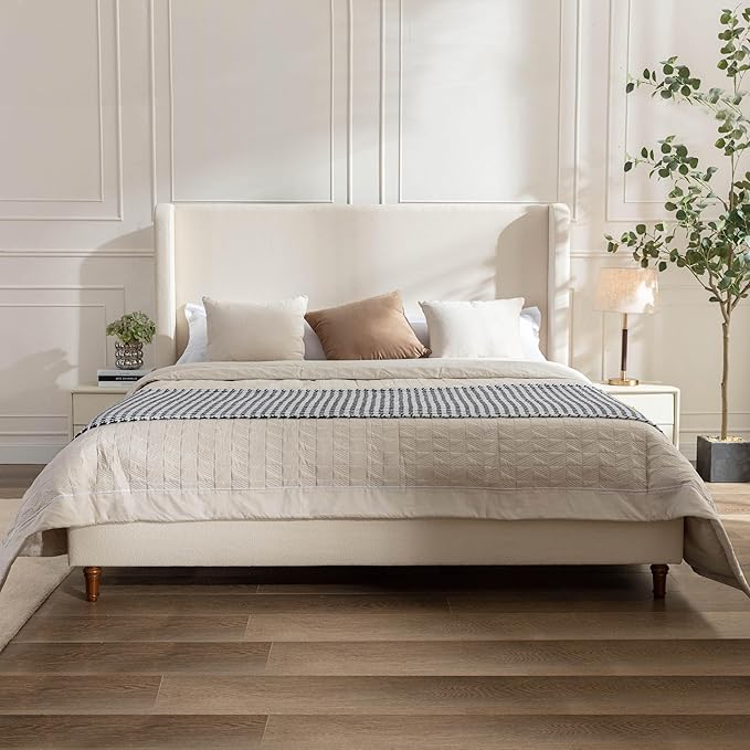 Harper Bed Frame with 54" Extra-Tall Headboard - Modern Wingback Upholstered Platform Bed, Textured Boucle Fabric, 1000lbs Heavy Duty Support, No Box Spring Needed(Ivory, King U.S. Standard)