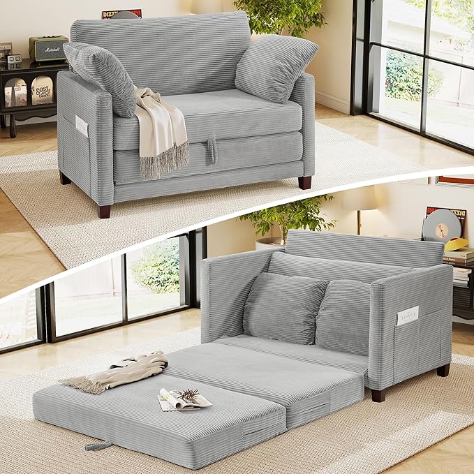 51" Loveseat Sleeper Sofa Bed, Corduroy Convertible Floor Sofa Bed for Small Spaces, Folding Couch Bed with Deep Seat, 2 Pillows & Solid Frame, Pull Out Floor Couch for Living Room, Grey