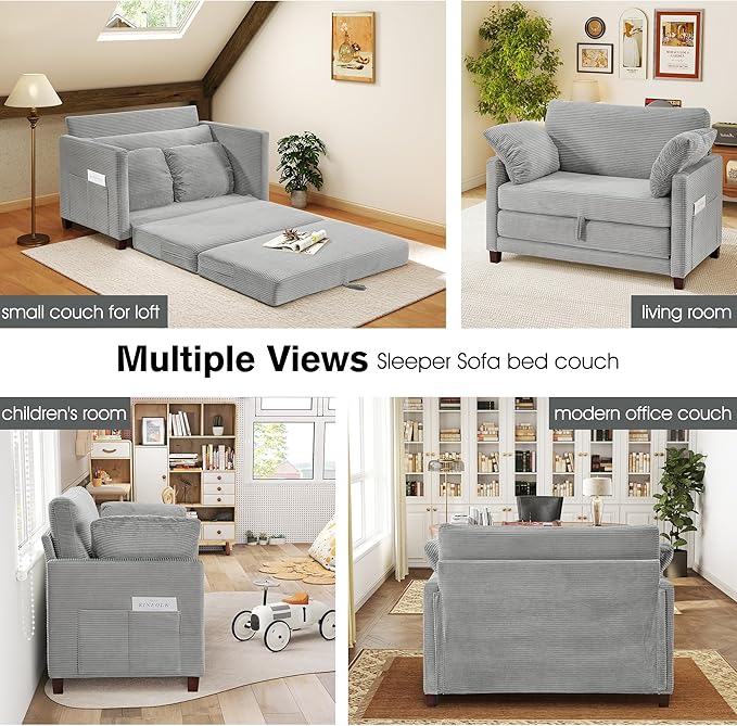 51" Loveseat Sleeper Sofa Bed, Corduroy Convertible Floor Sofa Bed for Small Spaces, Folding Couch Bed with Deep Seat, 2 Pillows & Solid Frame, Pull Out Floor Couch for Living Room, Grey