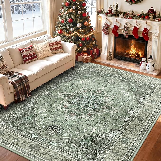 Area Rugs 5'x7' Washable Non-Slip, Floral Vintage Distress Print Pattern Medallion Carpet for Living Room Bedroom Dining Room, Dark Green Gray