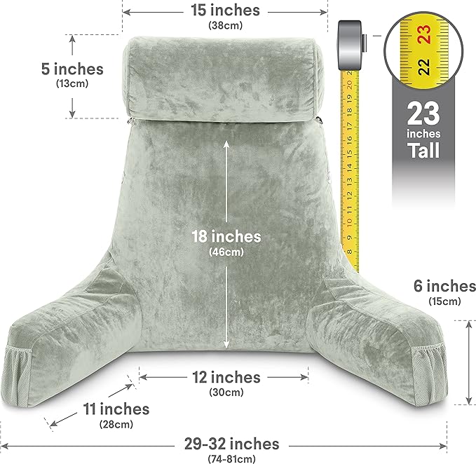 Husband Pillow Medium Desert Sage, Backrest for Kids, Teens, Petite Adults - Reading Pillows with Arms, Adjustable Plush Memory Foam, Bed Rest Chair Sitting Up, Detach Neck Roll, Removable Cover