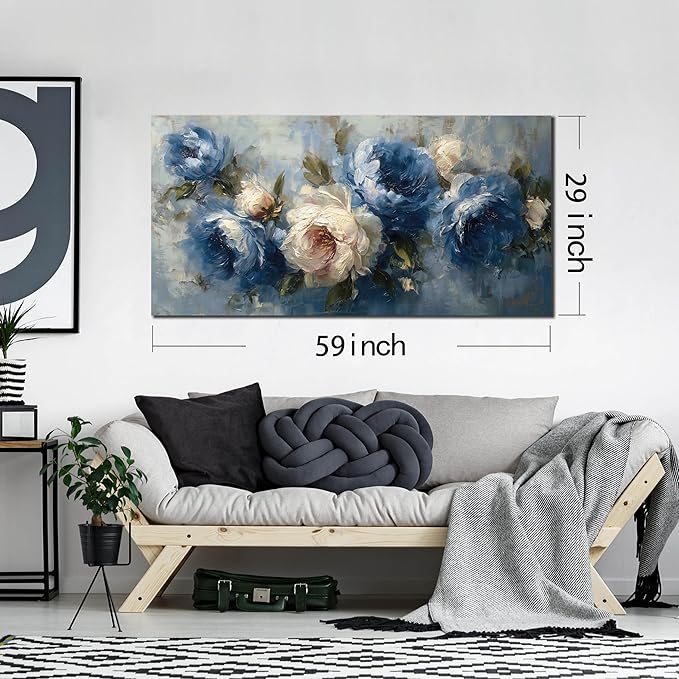 JuhaiArt Blue Wall Art Bedroom Large Flower Canvas Wall Decor Peony Floral Picture Art White Artwork for Living Room Office 29" x 59"