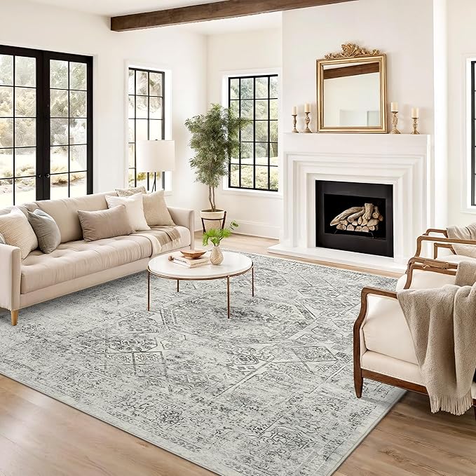 5x7 Area Rugs Grey Low Pile Indoor Washable Trendy Faded Style Floral Rugs for Bedroom Living Room Dining Room Foldable Non-Slip Thin Print Mat