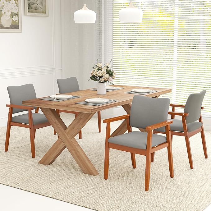 thksbought Set of 2 Mid Century Modern Walnut Dining Chairs Wood Arm Grey Fabric Kitchen Cafe Living Room Decor Furniture