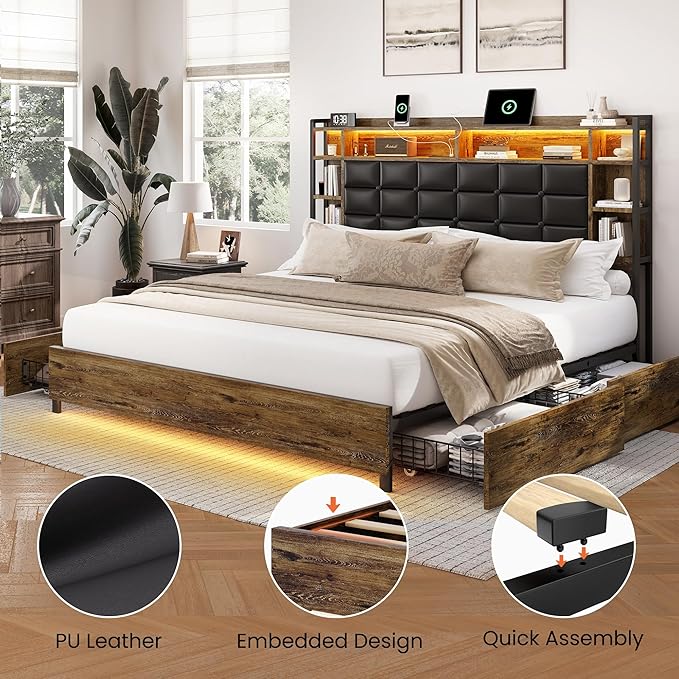 LARMACE Queen Size Bed Frame with 4 Storage Drawers and Bookcase Headboard, Faux Leather Upholstered, Wooden Platform Bed Frame with Charging Station and LED Lights, No Box Spring Needed, Brown