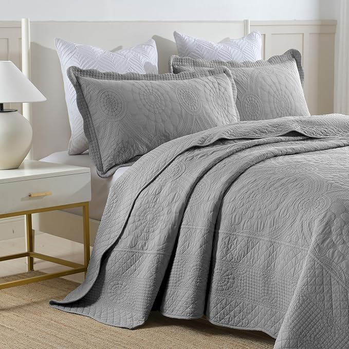 MarCielo 3-Piece 100% Cotton Oversized Bedspread Lightweight Quilt Coverlet Embroidery Farmhouse Bedding Set (Tf Light Grey, Oversized King (118"x106"))
