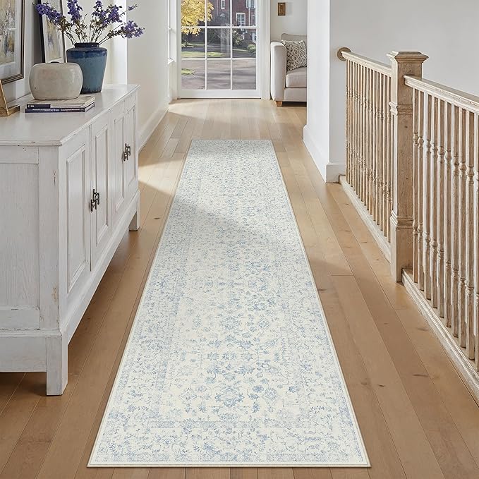 2x10 Blue Runner Rug Hallway Non Slip Kitchen Vintage Distressed Long Carpet Indoor Machine Washable Retro Floral Bedroom Accent Throw Rug for Office Laundry Bathroom Dining Living Room